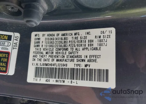 2015 Honda Cr-V Touring z USA, uszkodzony, nr VIN 5J6RM3H94FL020849